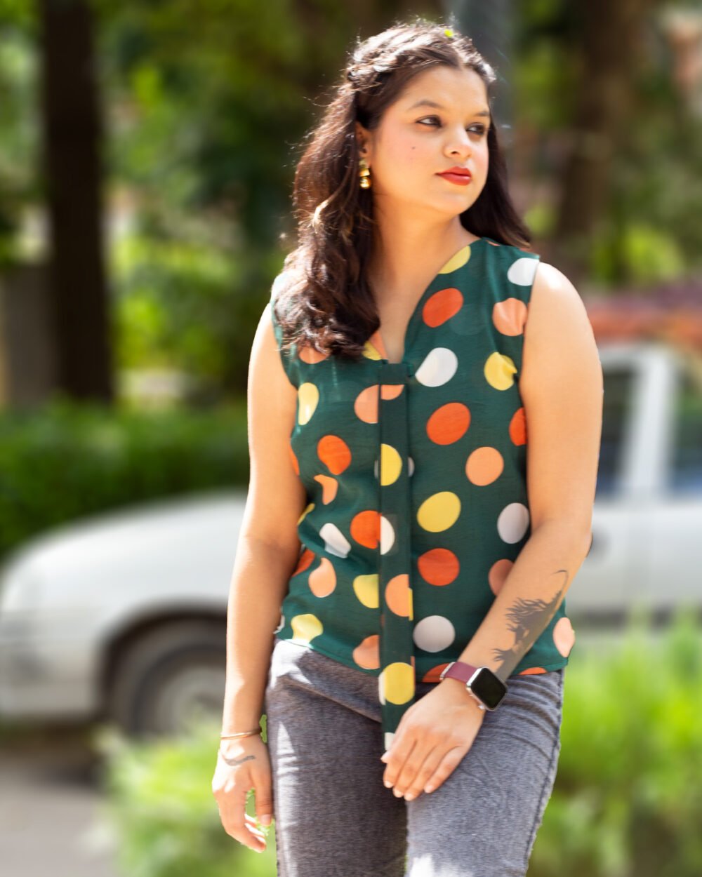 Georgette Green Polka Dot Top