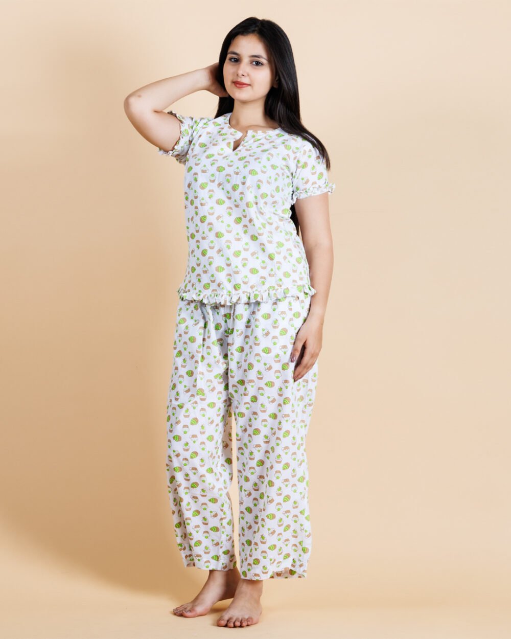 Night Suit Green CupCake Print