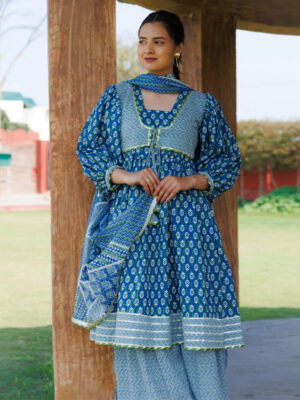 Blue Jacket Style Kurta Set With Duptta