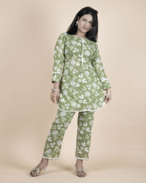 Green Floral Printed Cotton Co-ord Set for Women