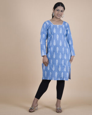 Blue Printed Cotton Straight Kurta for Women