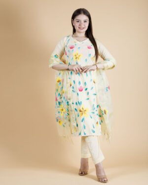 Ethnic Yellow Kurta Set With Organza Duptta