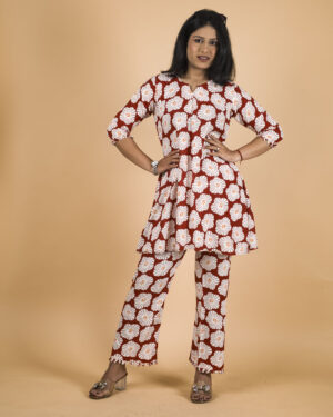 Maroon Floral Printed Cotton Kurta Set for Women