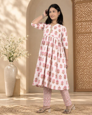 White Pink Floral Print Cambric Cotton Anarkali Kurta Set for Women