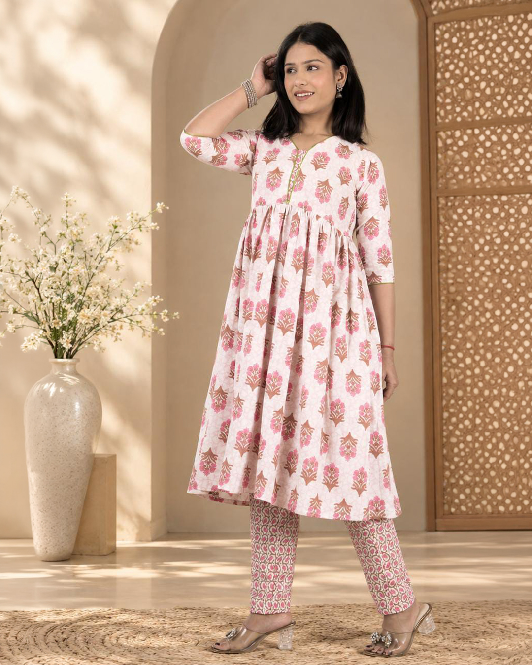 White Pink Floral Print Cambric Cotton Anarkali Kurta Set for Women
