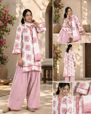 White Pink Floral Print Kurta Set with Farshi Salwar and Dupatta