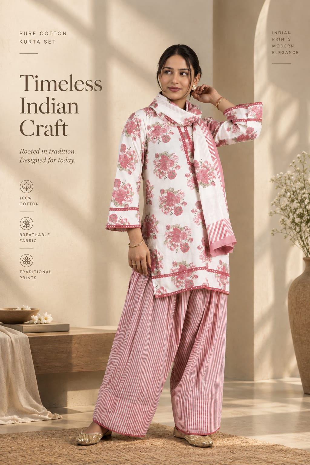 White Pink Floral Print Kurta Set with Farshi Salwar and Dupatta - Image 2