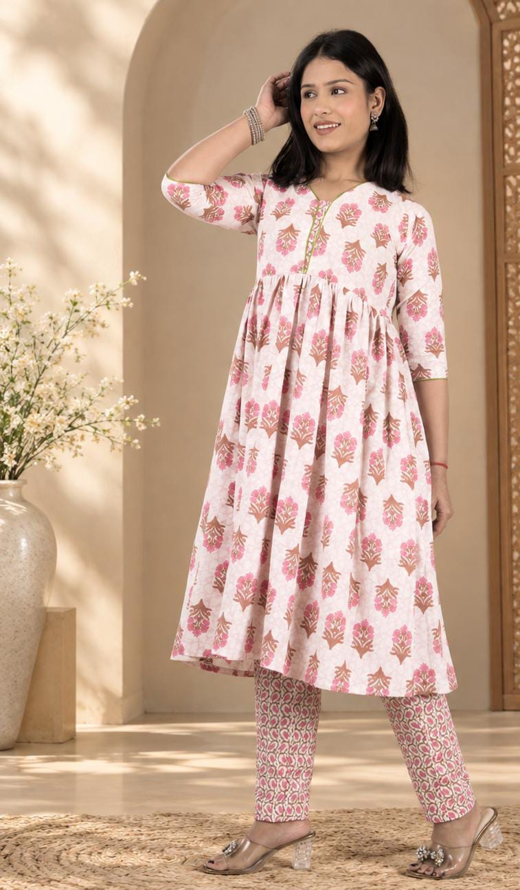 White Pink Floral Print Cambric Cotton Anarkali Kurta Set for Women - Image 2