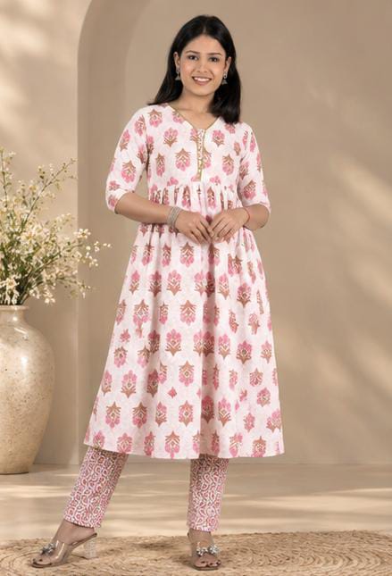 White Pink Floral Print Cambric Cotton Anarkali Kurta Set for Women - Image 3