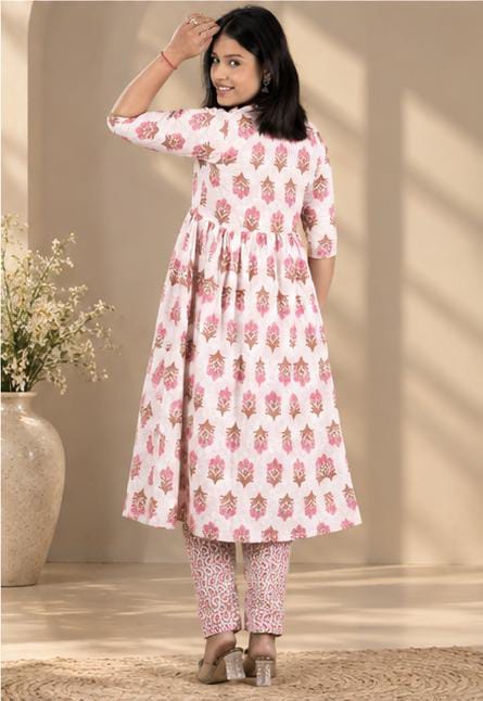 White Pink Floral Print Cambric Cotton Anarkali Kurta Set for Women - Image 4