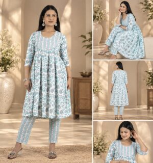 White Teal Floral Print Cambric Cotton Anarkali Kurta Set for Women