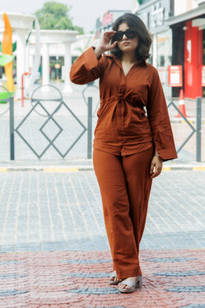 Brown Pure Cotton Stright Co-ord Set With Fabric Belt