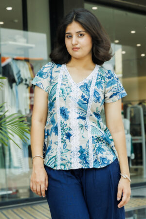 Sky Blue Floral Print Pure Cotton Stright Top With Lace Work