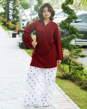 Maroon Solid Kurta with White Heart Print Farshi Salwar Set for Women