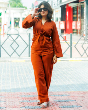 Rust Brown Solid Shirt and Wide-Leg Trousers Co-Ord Set for Women