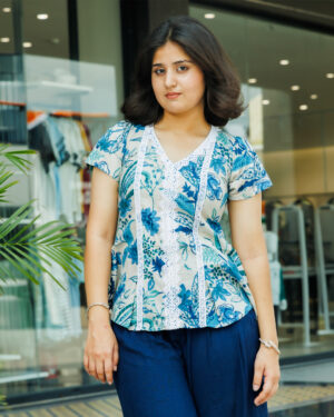 Sky Blue Floral Print Lace Detail Cotton Top for Women